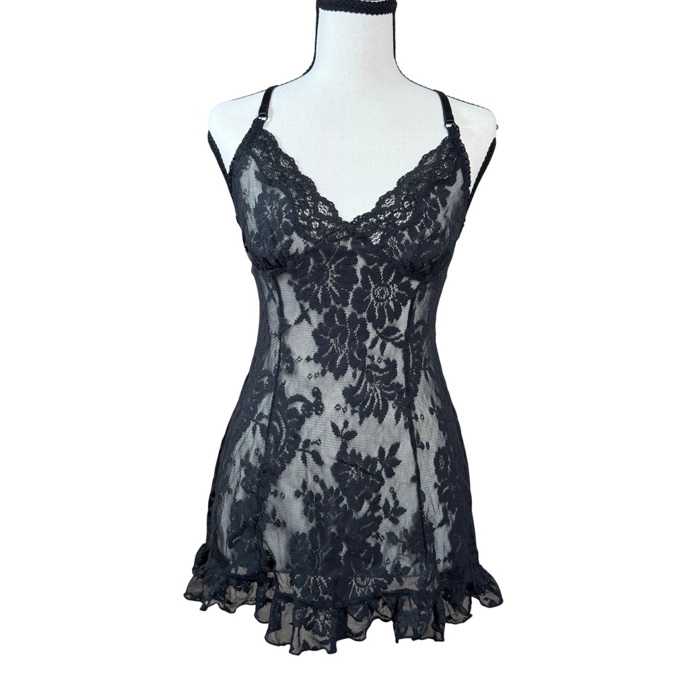 Victoria's Secret Chemise Women S Black Vintage Floral Lace Ruffle Babydoll